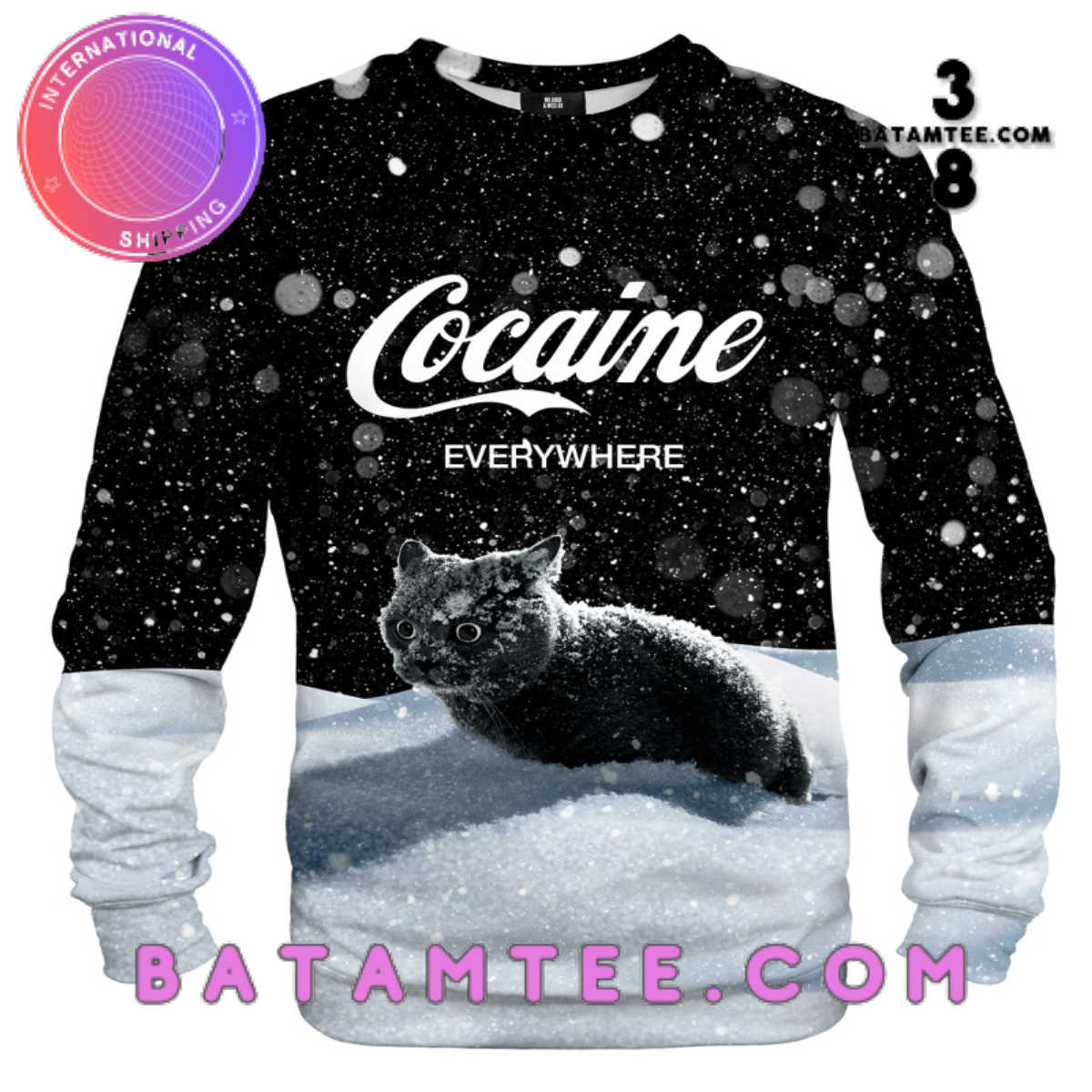 Cocain Everywhere Cat Let It Snow Black And White Sweatshirt