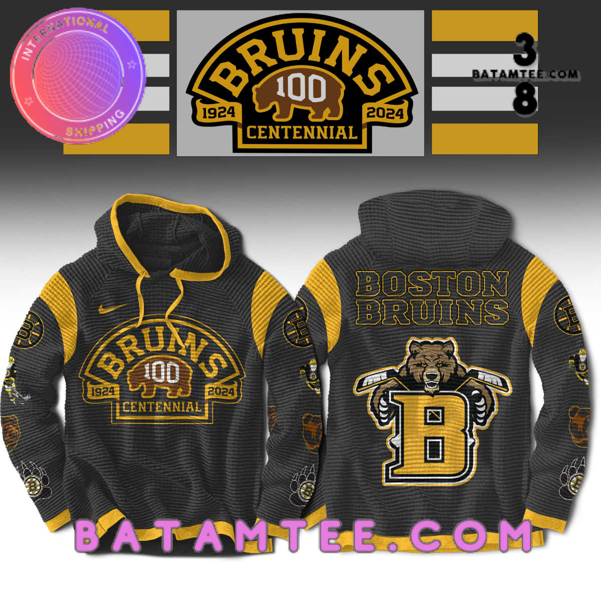 Boston Bruins 100 Centennial 1924 2024 NHL Black Hoodie, Jogger, Cap