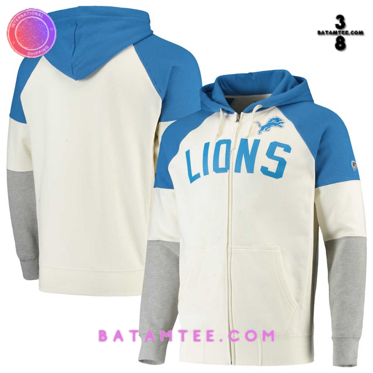 Detroit Lions Hands High White Blue Point Check French Terry Raglan Hoodie